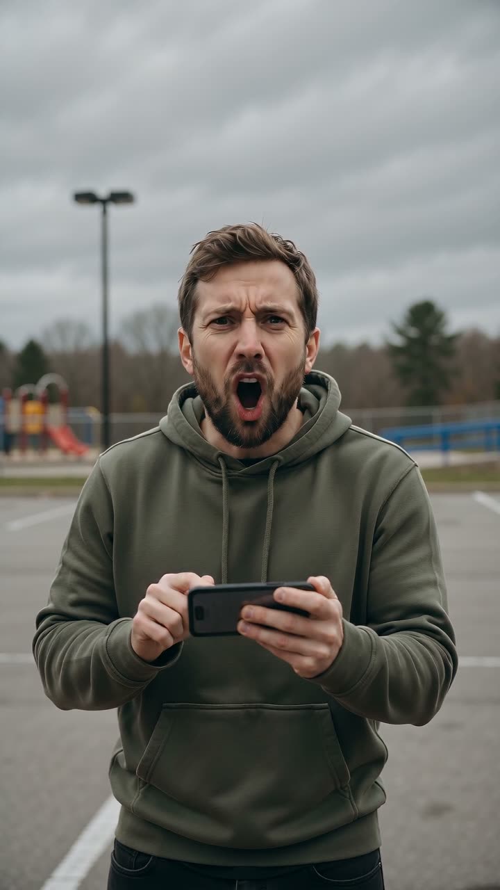 MemeVibe sample frame: Our sample from one photo of an AI-made man (not a real person): he asks the phone how to become a millionaire in 30 days, reads "Get a job.", gets offended, then bargains. AI voice made with the video.