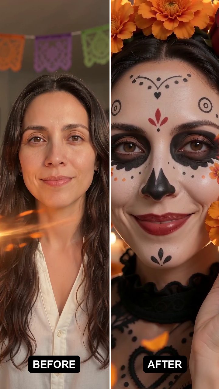 MemeVibe sample frame: Our sample from one photo of an AI-made woman (not a real person): her own face first, then a swirl of marigold petals reveals the Catrina face paint and a crown of marigolds and roses; she lifts a marigold and smiles.