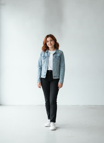Step 1: one full-body photo of an AI-made woman in a denim jacket standing in a grey room