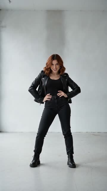 Step 4: the all-black finish with hands on the hips, from our sample