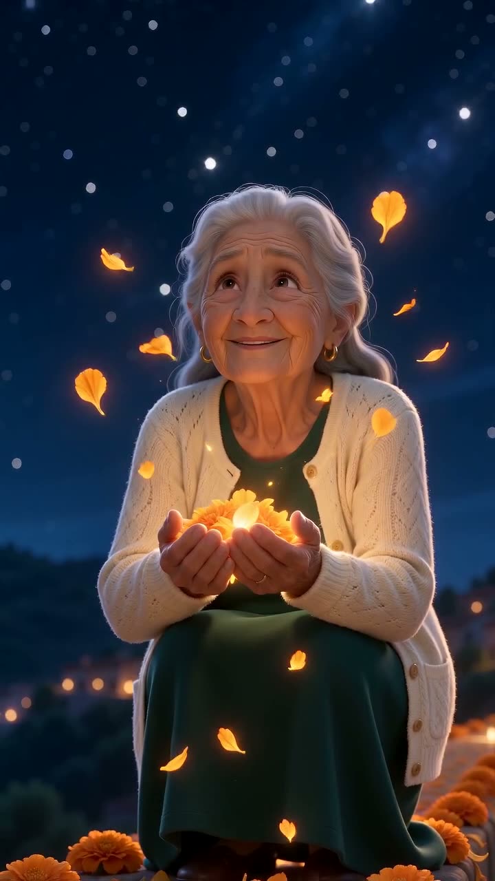 MemeVibe sample frame: Our sample from one photo of an AI-made grandmother (not a real person): first steps onto the glowing marigold bridge, she crouches, scoops the petals and smiles.
