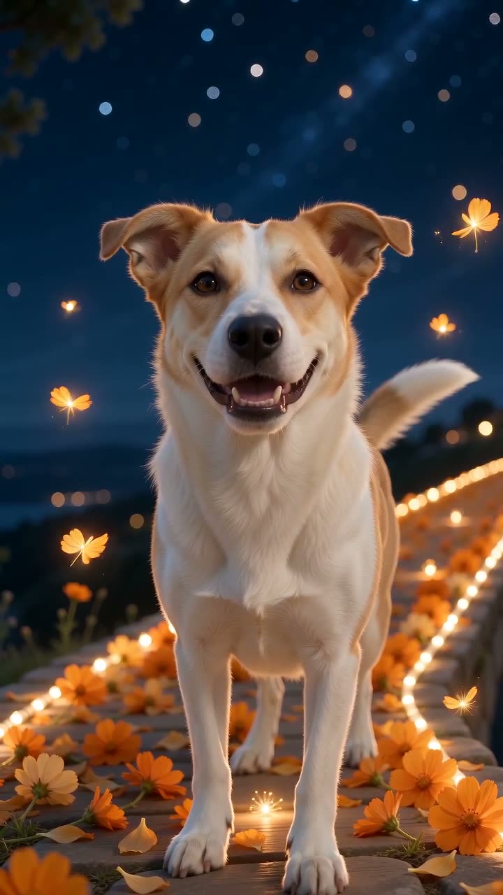 MemeVibe sample frame: Our sample from one photo of an AI-made dog (not a real pet): it appears at the far end of the glowing marigold bridge, trots toward the camera and stops in front of you.