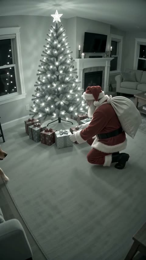 0–3 s: Santa tiptoes in with his sack and kneels at your tree.