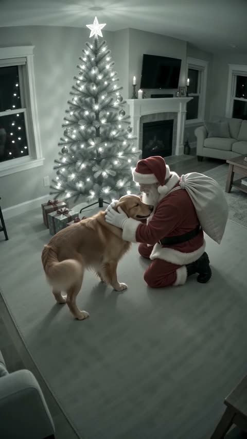 3–6 s: Your dog trots in and nuzzles him — or you walk in.