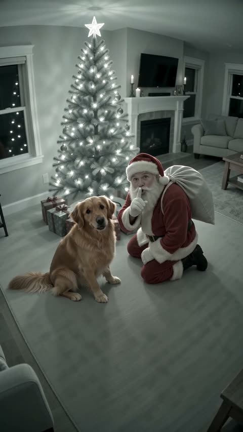 6–10 s: Santa looks up, says “shh” and whispers your child’s name.