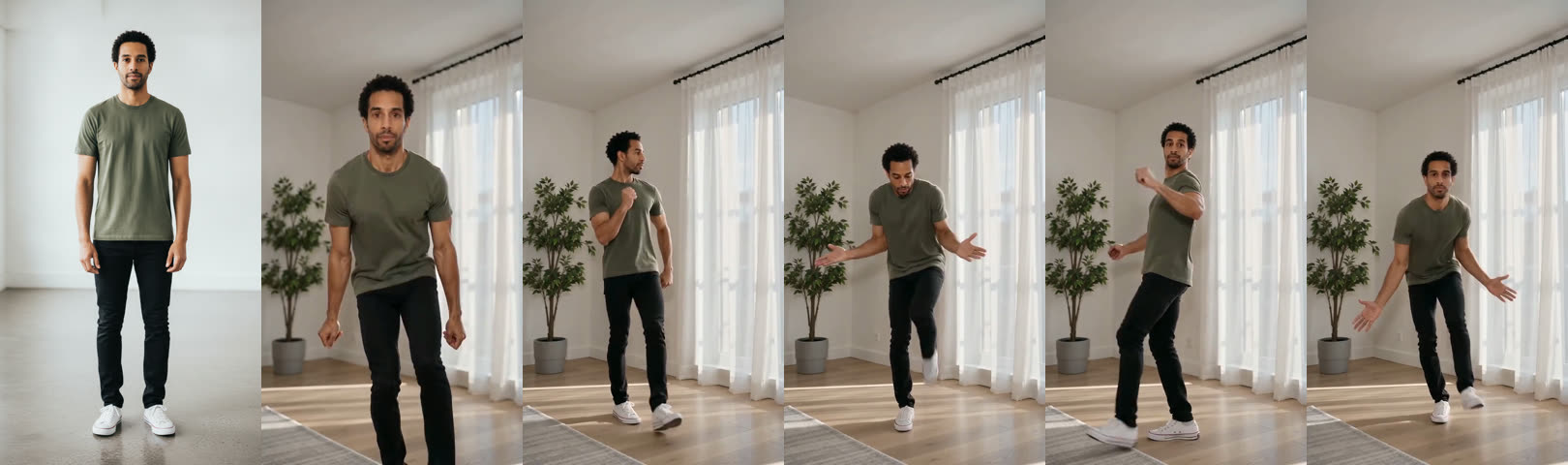 The one photo, then five stills from our toc toc dance AI sample: one-foot hop, knock, arms open, kick and turn, arms-open finish